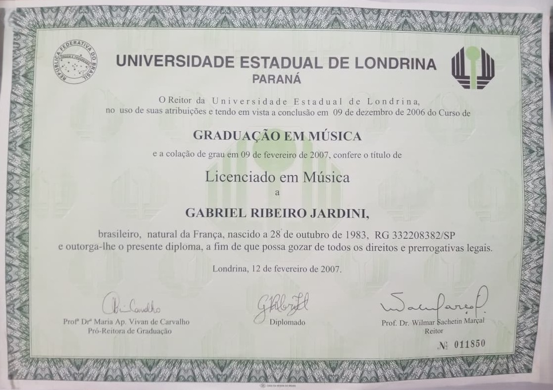Diploma de Licenciado em Música - Universidade Estadual de Londrina 2007